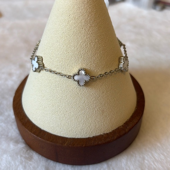 Jewelry - Stainless Steel White Enamel Mini Clover Bracelet